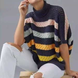 Anthropologie Navy Striped Turtle Neck Sweater Poncho sz OS
